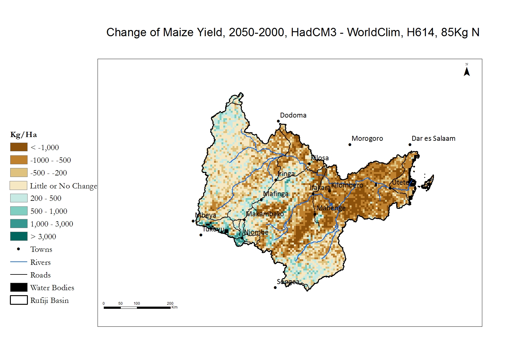 Change between current rainfed yield and future rainfed yield